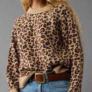 Aerie Animal Print Crew Neck Sweater - Tan and Brown